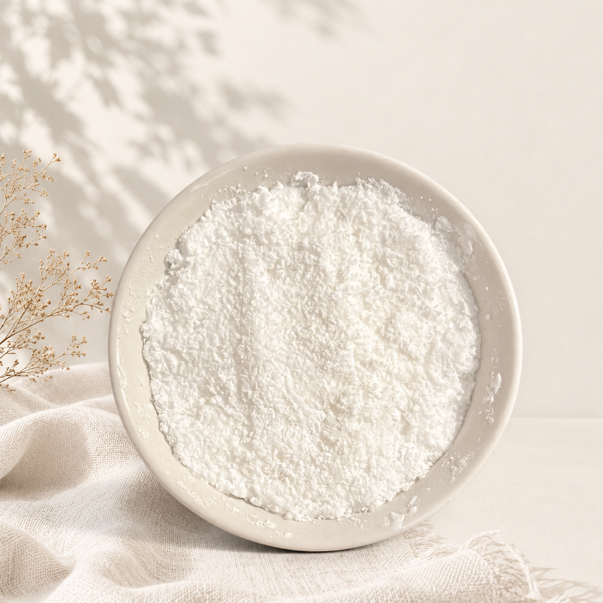 Bol en céramique beige avec cake vaisselle blanc poudreux, ambiance naturelle et épurée.