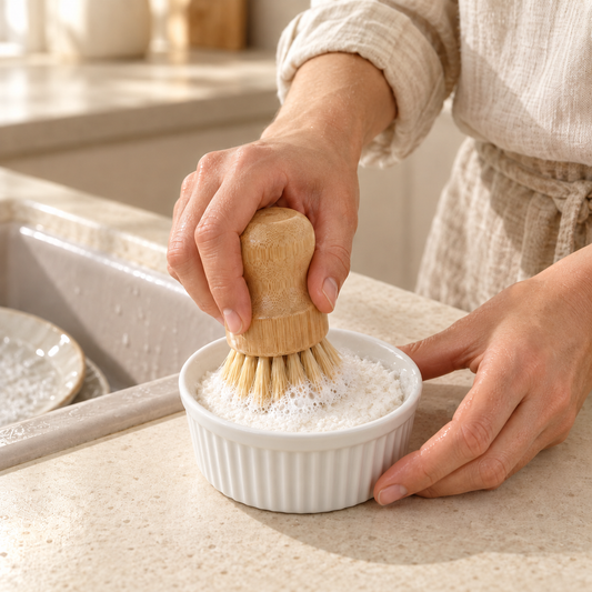 Bol en céramique blanc avec cake vaisselle mousseux et brosse à poils naturels en bois.