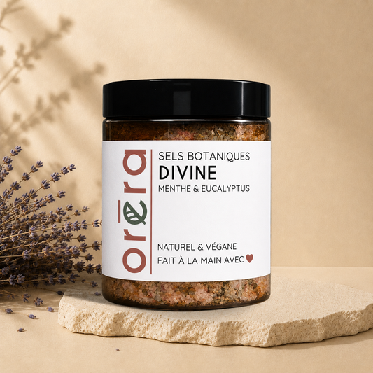 Sels botaniques Divine menthe eucalyptus ORÉRA, éco-luxe naturel, artisanal québécois, soins naturels, fabriqué au Québec,.