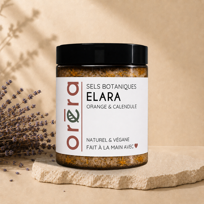 Sels botaniques ORÉRA orange & calendula, éco-luxe naturel, produits artisanaux québécois, soin naturel sans cruauté.