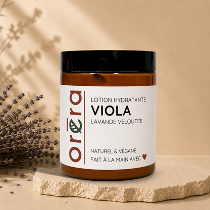 Pot de lotion hydratante ORÉRA Viola lavande veloutée, éco-luxe naturel québécois, sans cruauté.