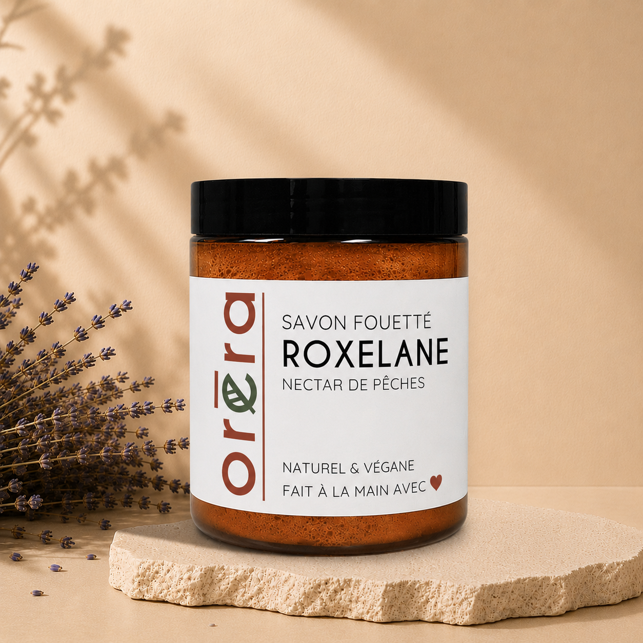 Savon fouetté ROXELANE nectar de pêches ORÉRA éco-luxe naturel fabriqué au Québec sans cruauté.