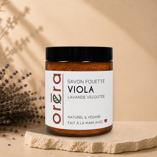 Savon fouetté ORÉRA VIOLA lavande, soin naturel, éco-luxe québécois, sans cruauté, fait main.