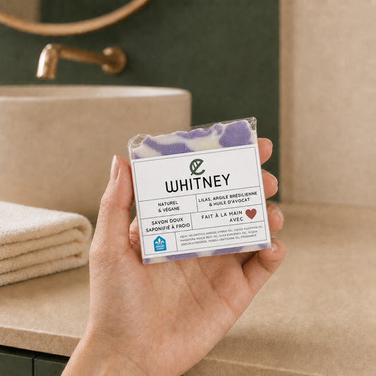 Savon artisanal carré violet et blanc avec étiquette WHITNEY, huile d’avocat et lilas.