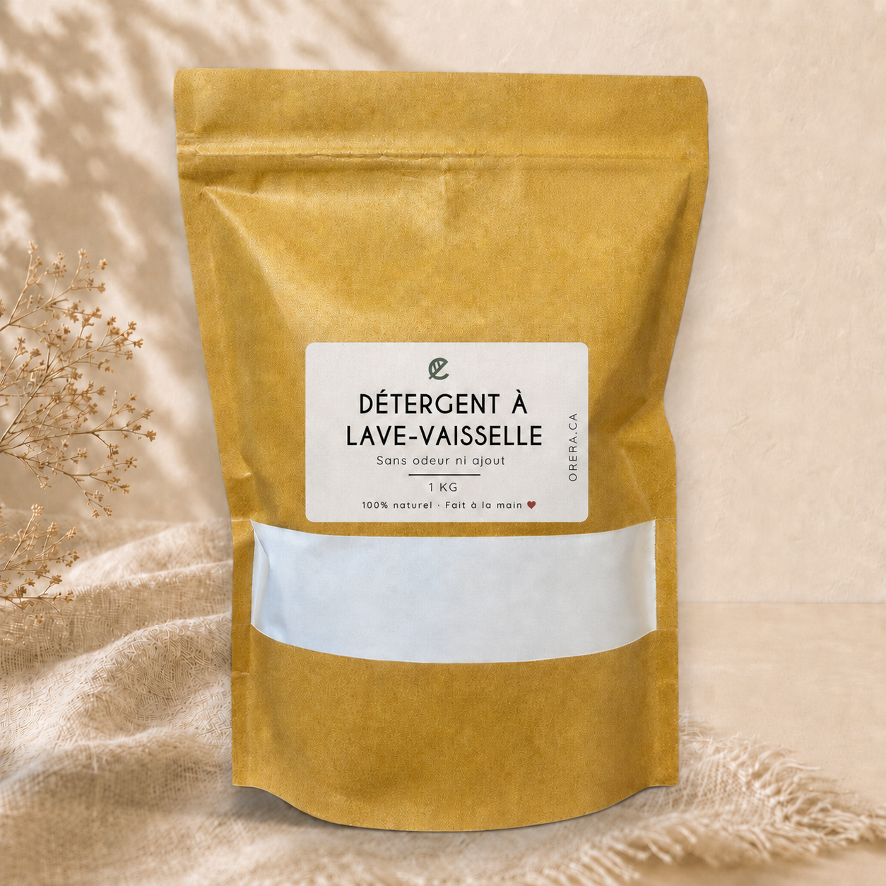 Sac kraft éco-luxe naturel ORÉRA détergent lave-vaisselle artisanal fabriqué au Québec sans cruauté.