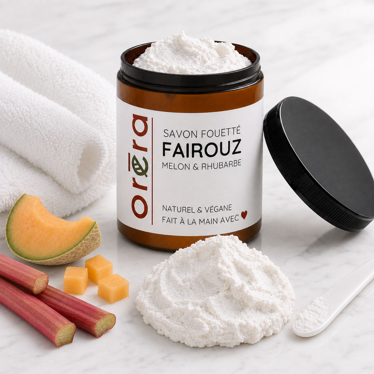 Pot ambré avec savon fouetté melon et rhubarbe, texture crème blanche onctueuse.