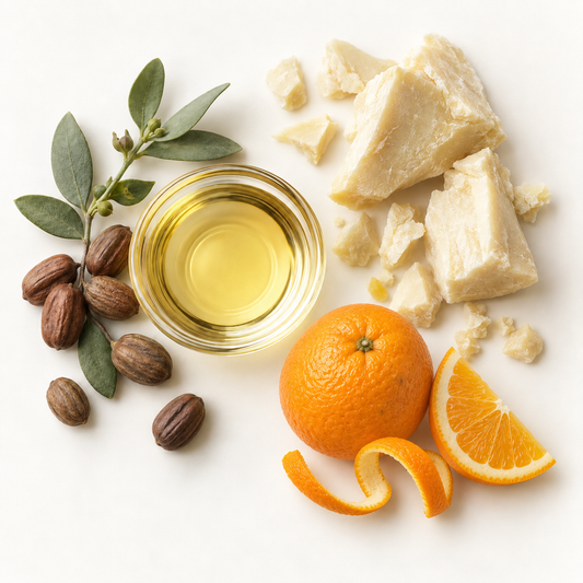 Ingrédients naturels jojoba, karité et orange douce pour baume à lèvres hydratant écologique.