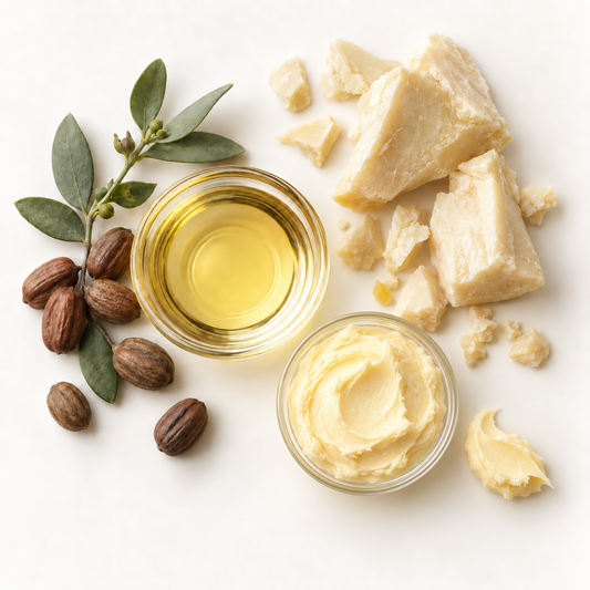 Baume à lèvres crème jaune pâle en pot, flacon d'huile dorée, fèves de jojoba brunes, morceaux de beurre crémeux beige pâle,