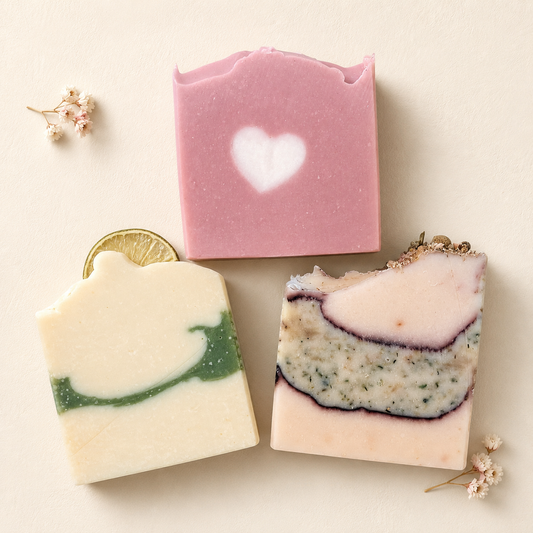 Boîte Oréra avec trois savons artisanaux colorés rose cœur blanc, crème vert et beige motifs naturels.