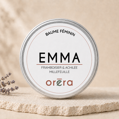 Baume féminin EMMA macérat framboisier et achillée millefeuille ORÉRA éco-luxe naturel Québec sans cruauté.