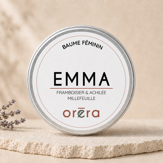 Baume féminin EMMA macérat framboisier et achillée millefeuille ORÉRA éco-luxe naturel Québec sans cruauté.
