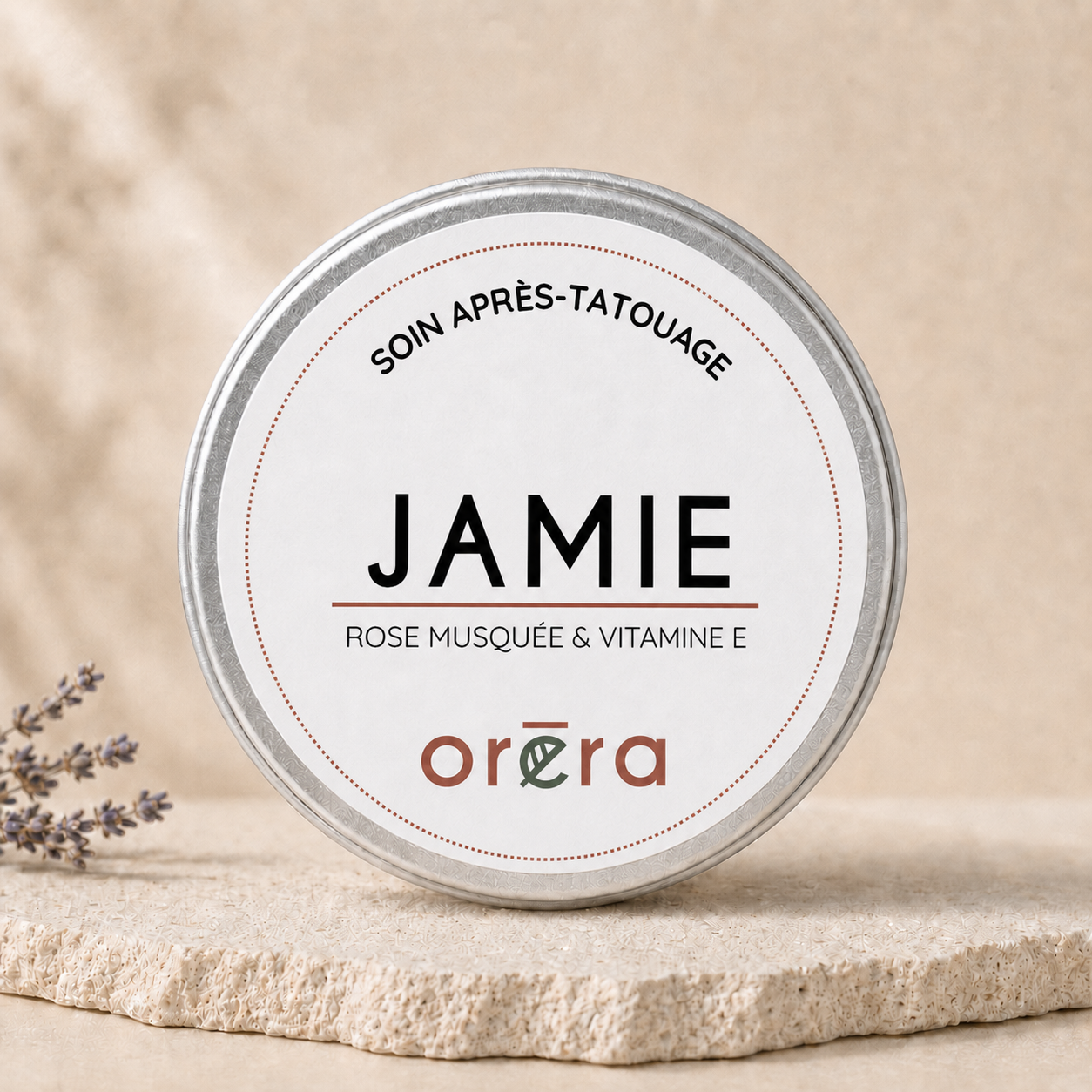 Baume à tatouage Jamie Oréra, éco-luxe naturel, rose musquée et vitamine E, fabriqué au Québec, sans cruauté.