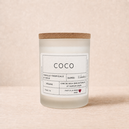 Bougie ORÉRA éco-luxe naturel coco vanille, produits artisanaux québécois, fabriqué au Québec, sans cruauté.