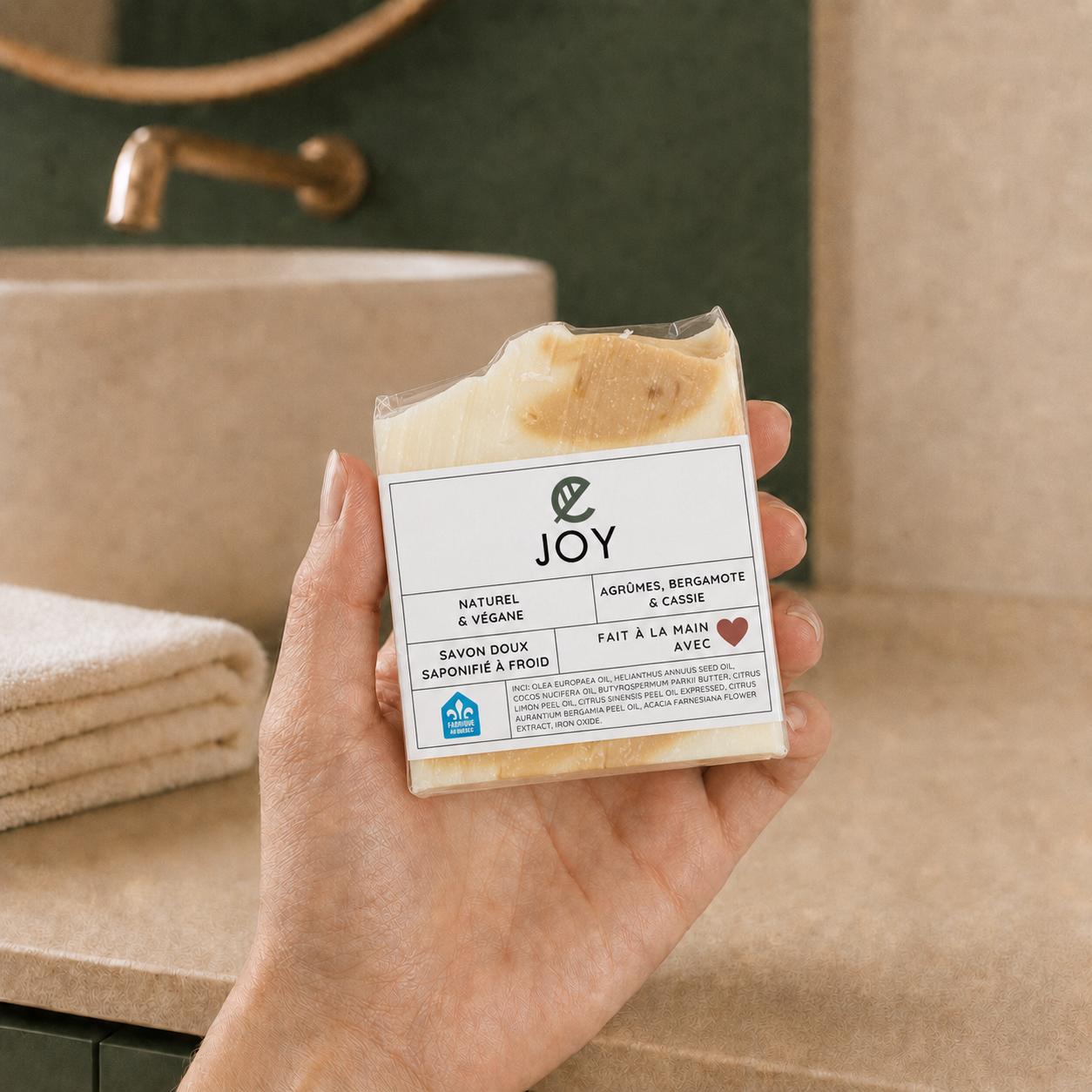 Savon ORÉRA JOY aux agrumes et bergamote, éco-luxe naturel, soins artisanaux québécois, sans cruauté, fabriqué au Québec.