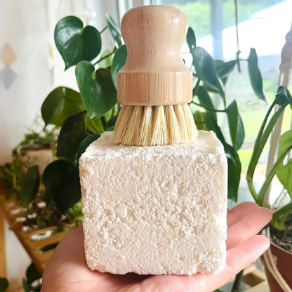 Bloc de cake à vaisselle naturel ORÉRA avec brosse en bois, éco-luxe fabriqué au Québec sans cruauté.