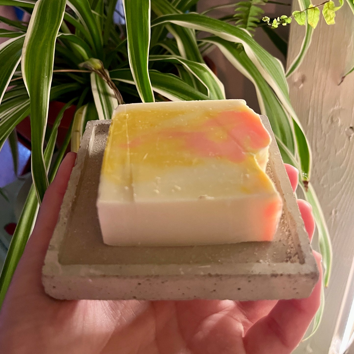 Savon coloré sur porte-savon ORÉRA éco-luxe naturel, artisanal québécois, fabriqué au Québec sans cruauté.