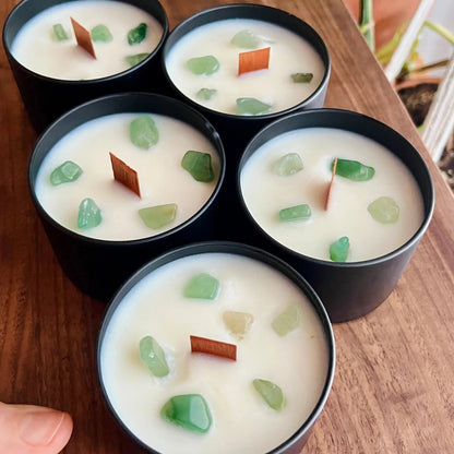Bougies ORÉRA éco-luxe naturel noir mat avec cire crème, pierres aventurine, fabriquées au Québec sans cruauté.