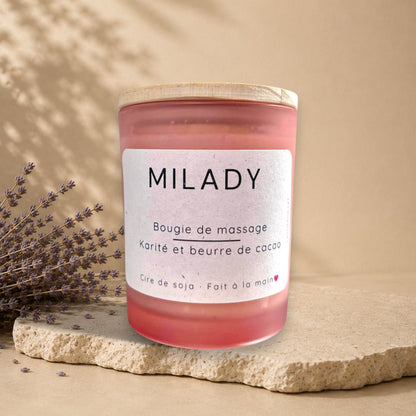 Bougie de massage MILADY cire de soja karité beurre de cacao ORÉRA éco-luxe naturel fabriqué au Québec.