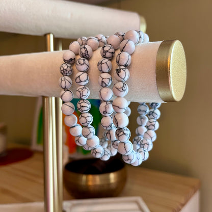 Bracelets mala en pierres marbrées roses ORÉRA, éco-luxe naturel, fabriqué au Québec, sans cruauté.