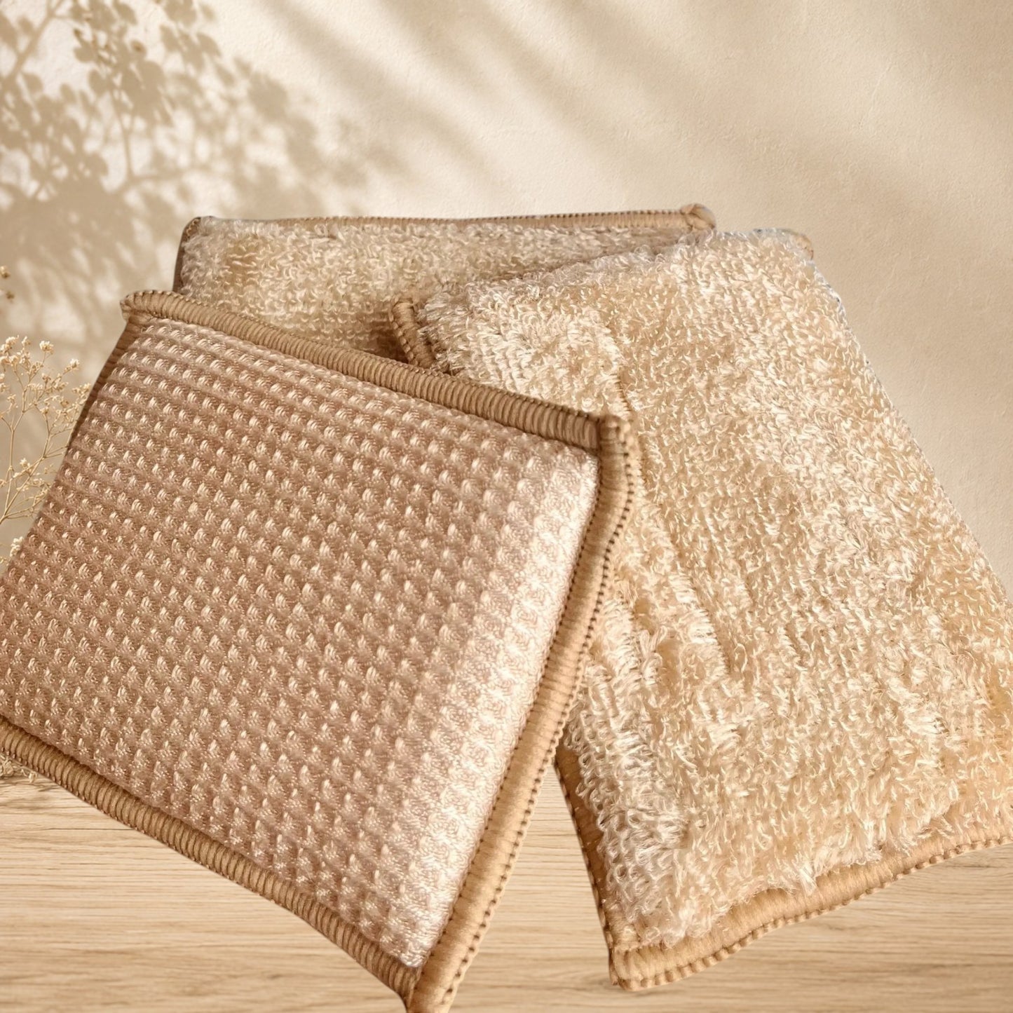Éponge en bambou beige ORÉRA, éco-luxe naturel, produits artisanaux québécois, soin naturel, fabriqué au Québec, sans cruauté.