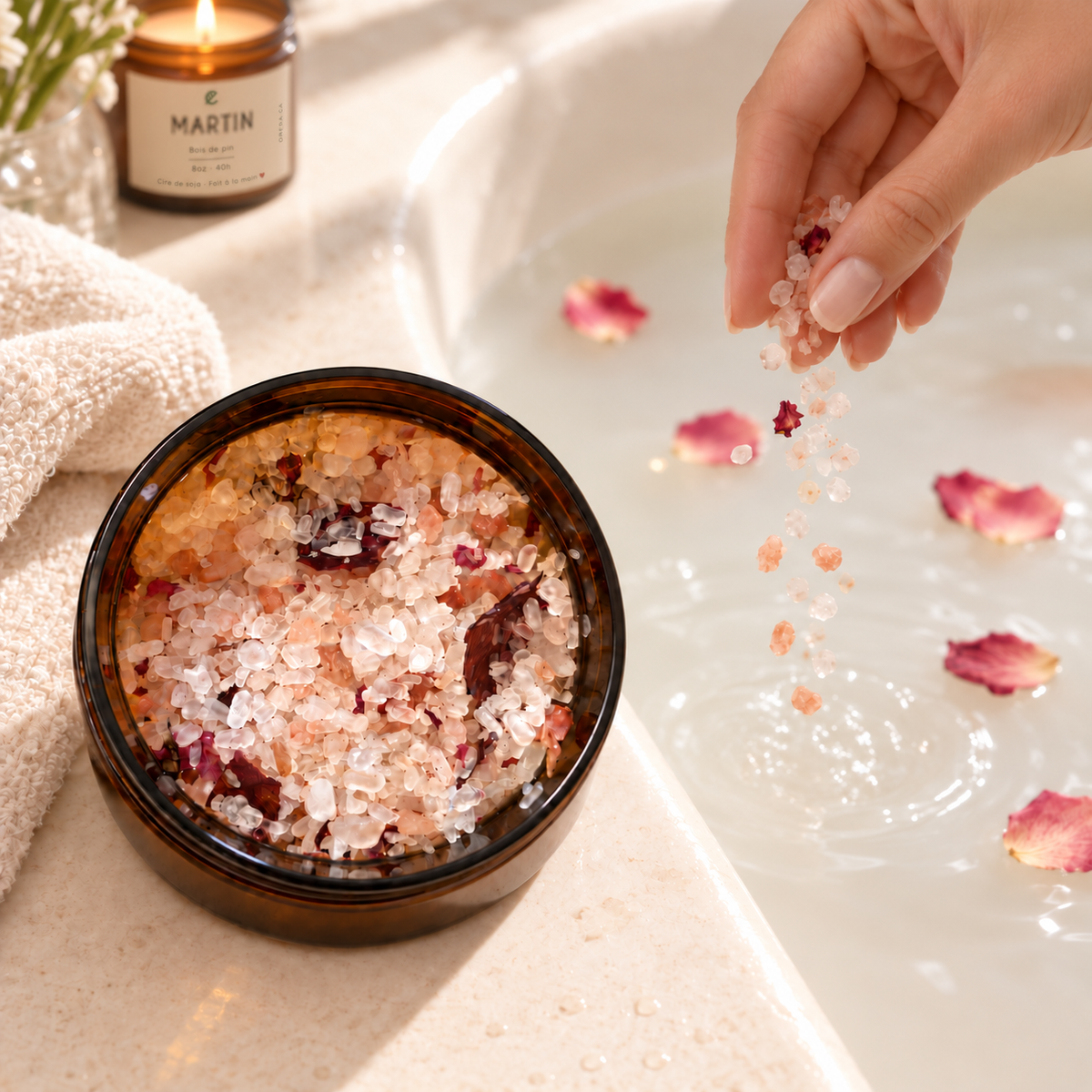 Pot en verre ambré rempli de sels botaniques roses avec pétales de rose, main versant des cristaux dans l'eau.