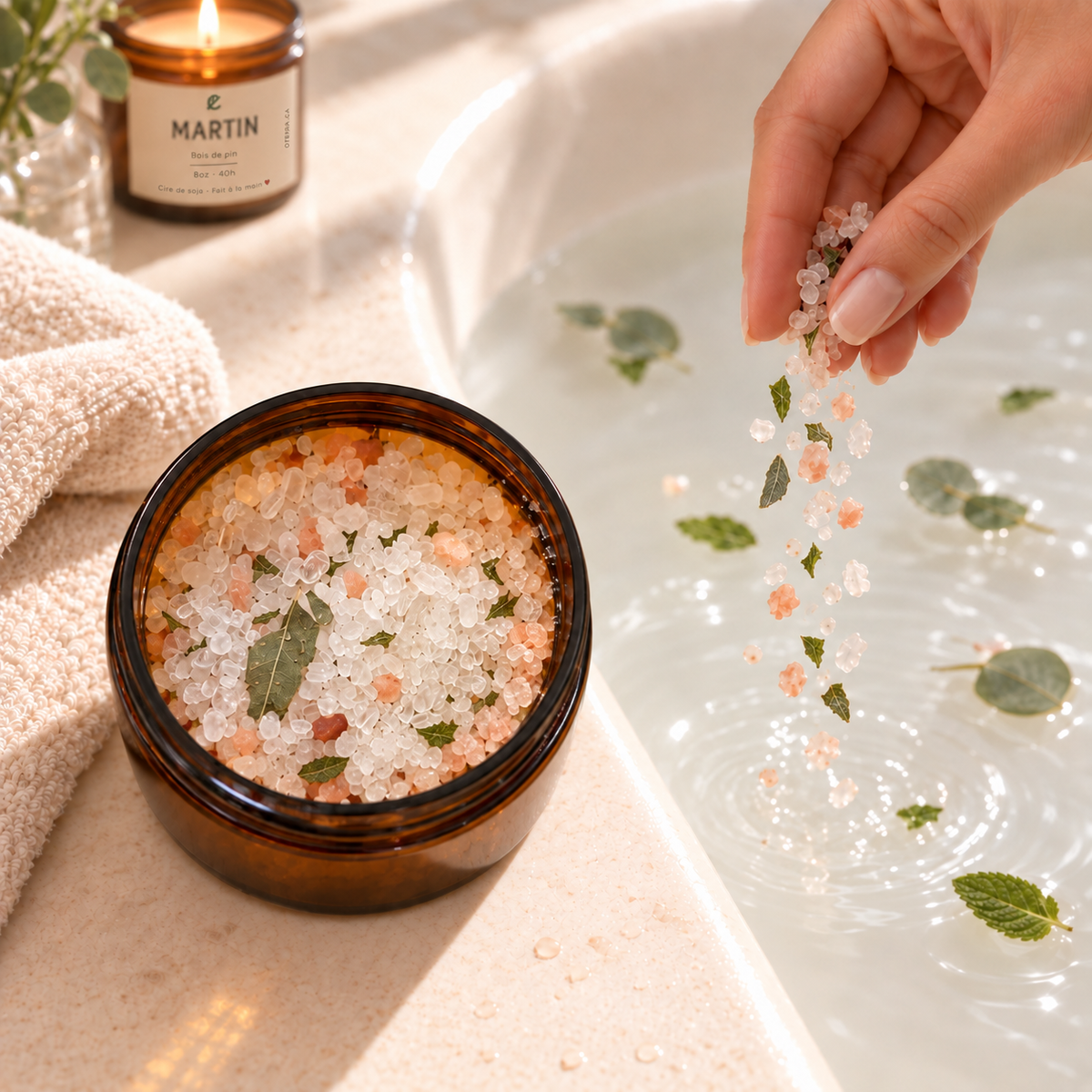 Pot en verre ambré rempli de sels de bain blancs, verts et roses, main versant des sels dans l'eau avec des feuilles.