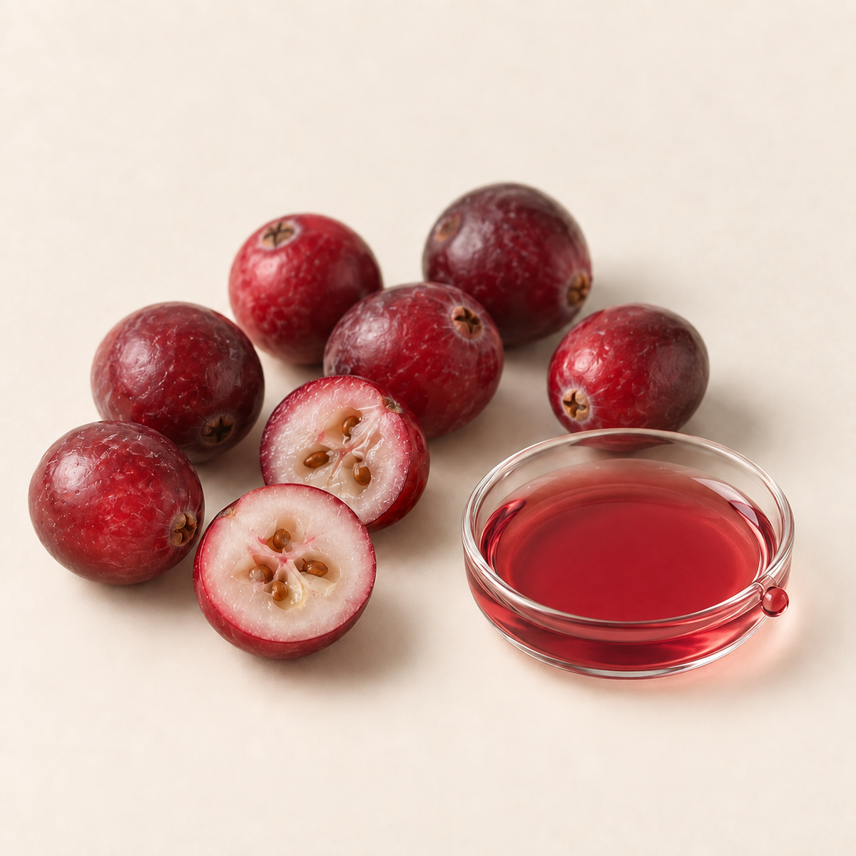 Baies de canneberge fraîches rouges avec bol en verre contenant jus rouge.