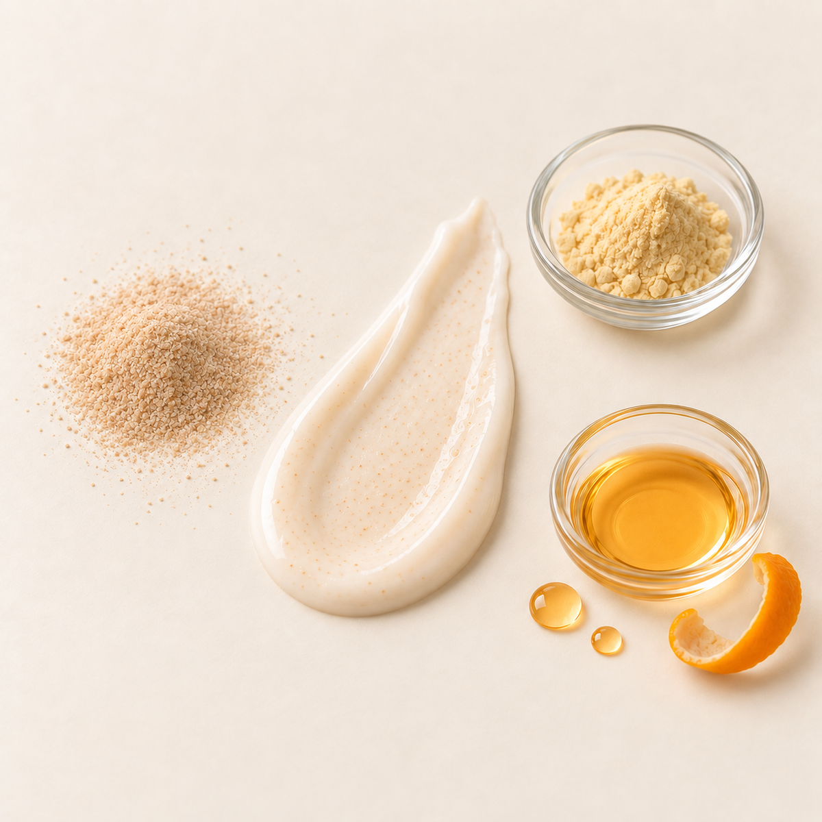 Texture lactée crème beige avec grains exfoliants, poudre jaune, huile dorée et quartier de mandarine sur fond clair.