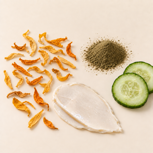 Texture crème blanche lisse avec pétales de calendula orange, poudre verte et tranches de concombre frais.