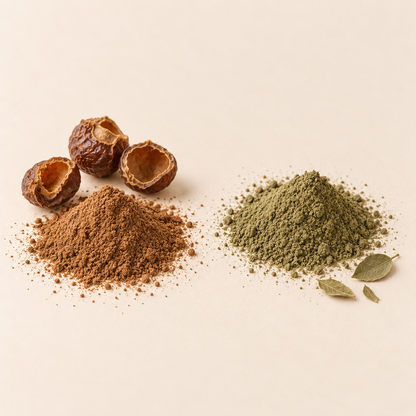 Mousse brune et poudre verte avec coquilles brunes et feuilles sur fond beige.