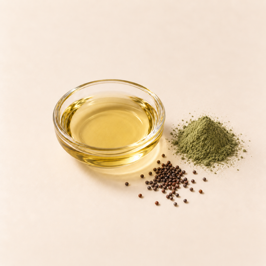 Petit bol en verre contenant un liquide doré transparent, à côté d’une petite pile de poudre verte et de grains bruns.