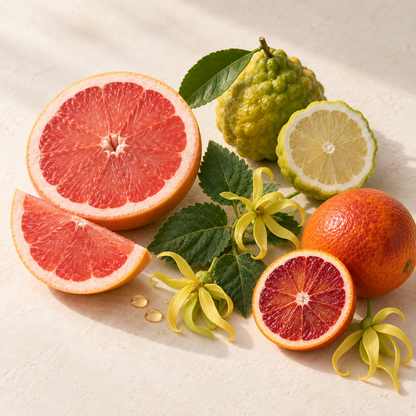 Agrumes colorés frais dont pamplemousse rose, citron vert et orange sanguine, feuilles vertes et fleurs jaune pâle.