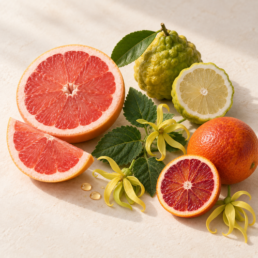 Agrumes colorés frais dont pamplemousse rose, citron vert et orange sanguine, feuilles vertes et fleurs jaune pâle.