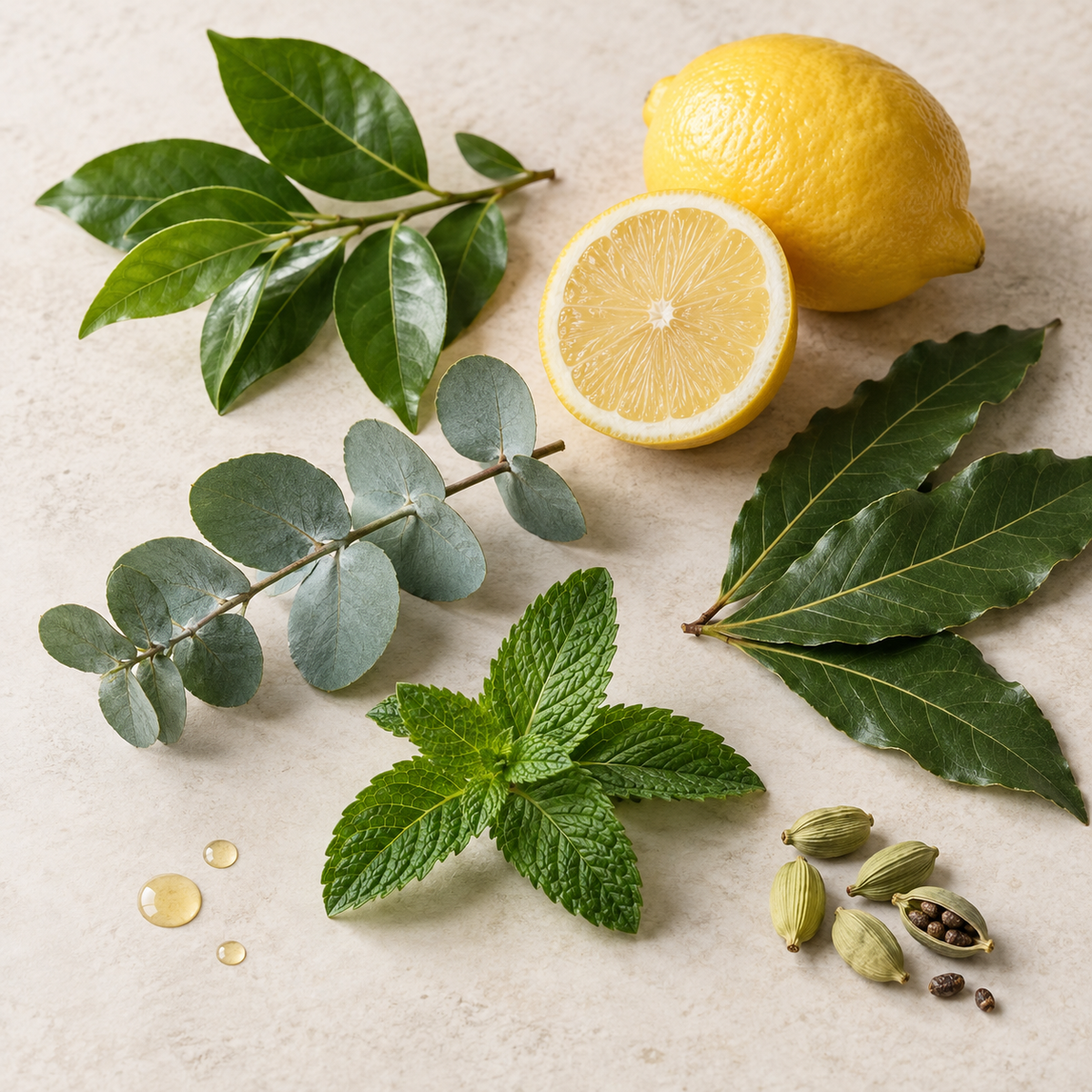 Feuilles d'eucalyptus, menthe poivrée, citron jaune tranché et graines sur fond clair.