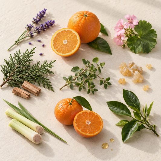 Oranges tranchées et entières avec fleurs de lavande, feuilles vertes, résine naturelle et branches aromatiques sur fond.