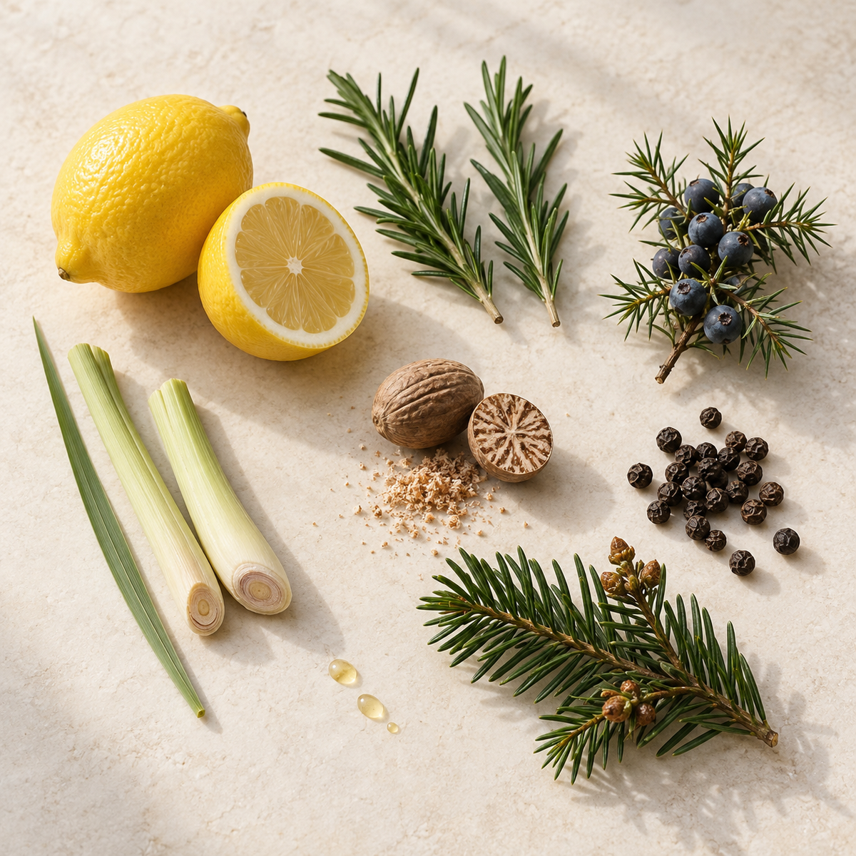 Ingrédients naturels avec citron jaune, branches de romarin, baies, noix de muscade, poivre noir, menthe et tiges de.