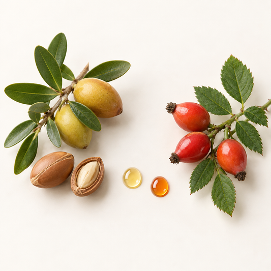 Fruits et noix d’argan avec capsules de sérum doré et orange sur fond clair.