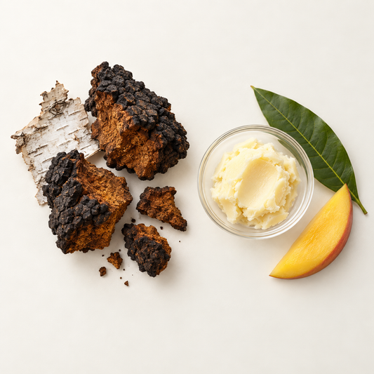Fragments de chaga noir et marron, bol de beurre de mangue crémeux jaune, tranche de mangue et feuille verte.