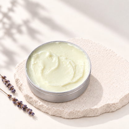 Baume à tatouage jaune pâle dans pot rond en métal posé sur pierre beige texturée avec brin de lavande sèche.