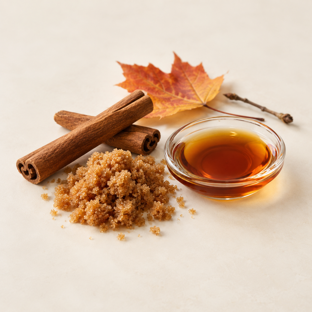 Pétale d'érable, bâtons de cannelle, cassonade et sirop ambré sur fond clair.