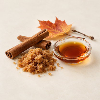 Pétale d'érable, bâtons de cannelle, cassonade et sirop ambré sur fond clair.