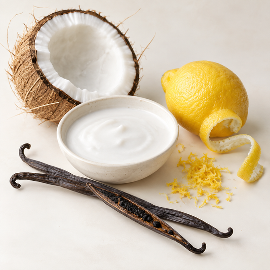 Petite coupelle blanche avec crème onctueuse, noix de coco cassée, citron jaune et gousses de vanille sèche.