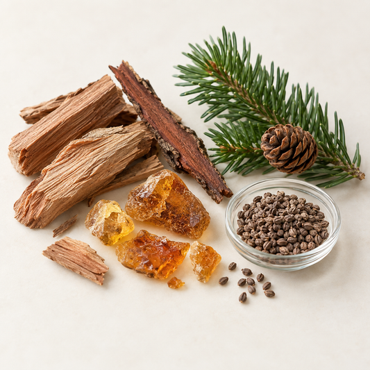 Morceaux de bois de cèdre clair, résine ambrée, cône de sapin avec branche verte et bol de graines brunes.