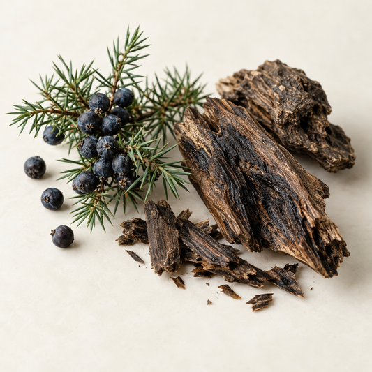 Brindilles de genévrier avec baies bleues et morceaux de bois sombre rugueux sur fond clair.
