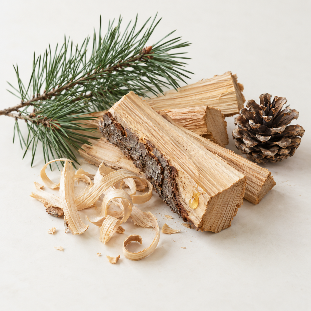 Bûches de bois de pin naturel avec écorce, brindille de sapin et pomme de pin sur fond clair.