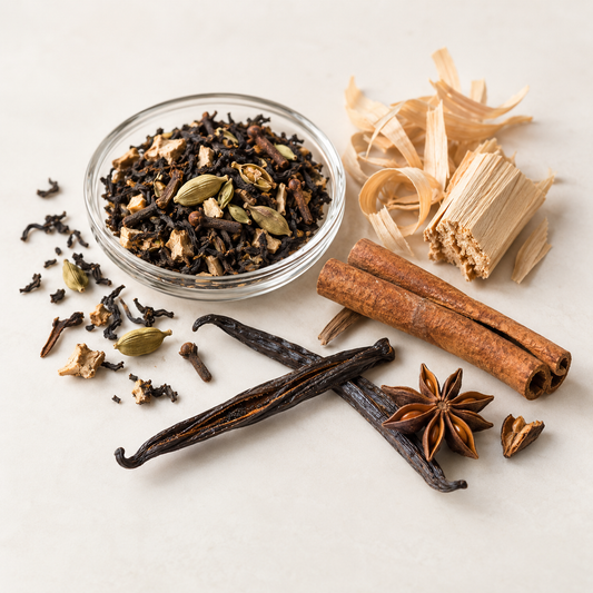 Bougie de soya RANI avec épices chaï tropical dans bol en verre transparent, bâtons de cannelle, gousse de vanille, anis.