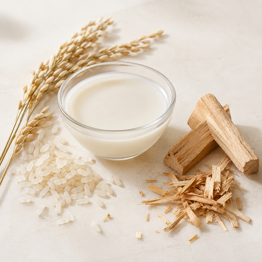 Bougie de soya blanche dans bol transparent, avec riz blanc et bois de santal clair à côté.