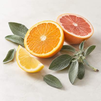 Tranches d’agrumes colorées et feuillage vert sauge sur fond clair.