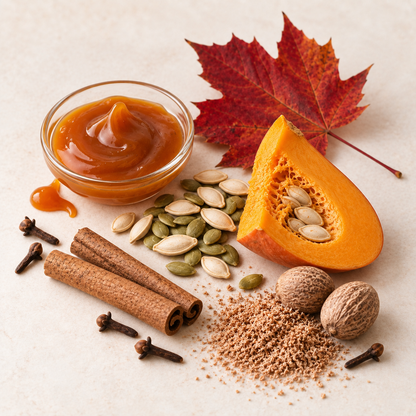 Pot en verre transparent de bougie orangée parfum épices d'automne avec graines de citrouille et feuilles rouges en décor.