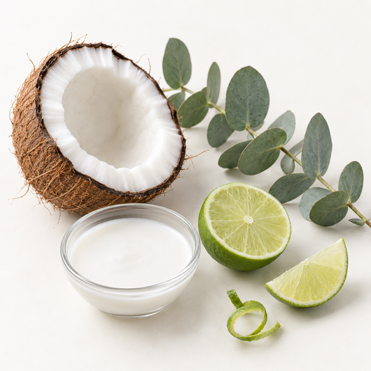 Savon blanc crémeux dans bol en verre avec noix de coco coupée, demi-lime, quartier de lime et branches d'eucalyptus sur.